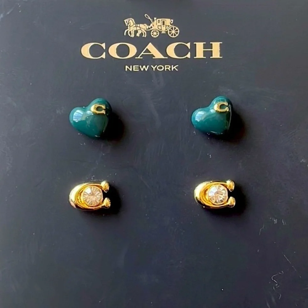 Brand New Coach Set of Two Post Earrings Heart Gold Tone Signature “C”